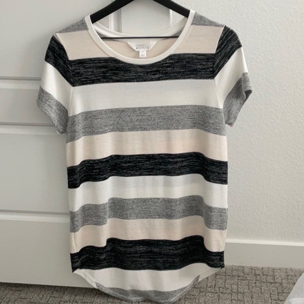 Market & Spruce Hi Lo Knit Top- White, Gray, Black Stripes- Size M
